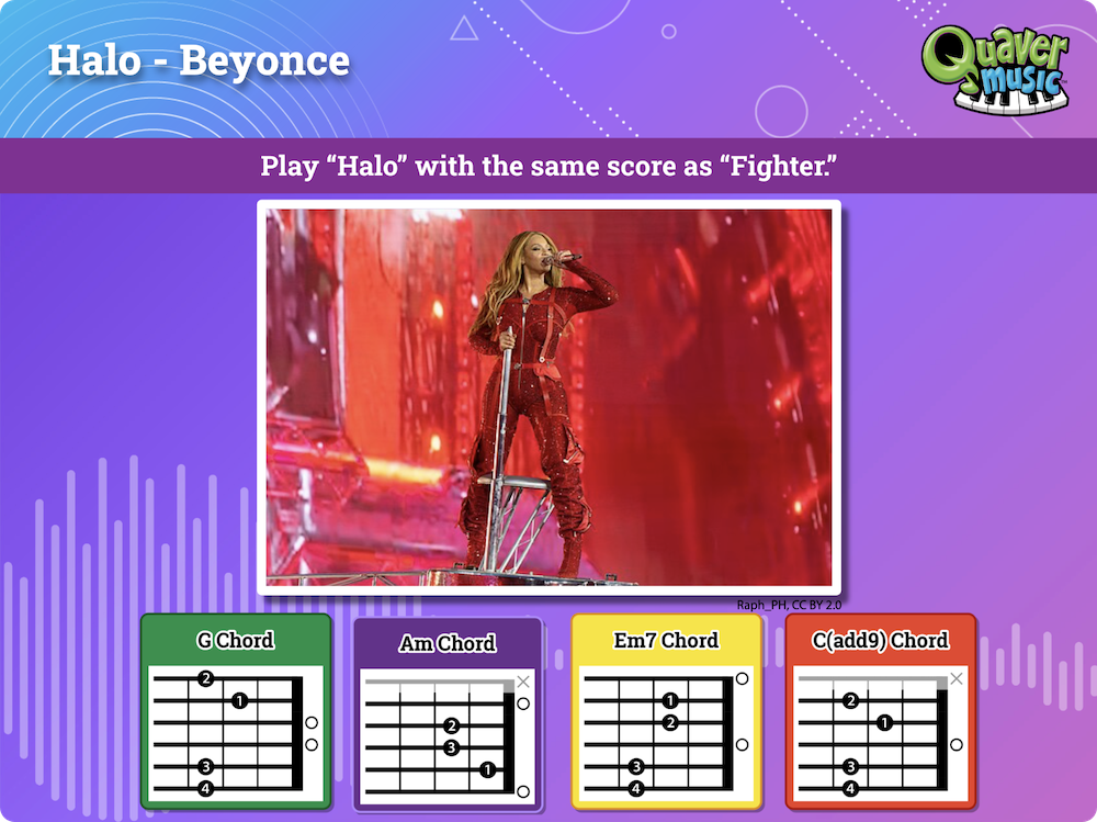 Snapshot from a Quaver Guitar Course lesson plan featuring Halo by Beyonce